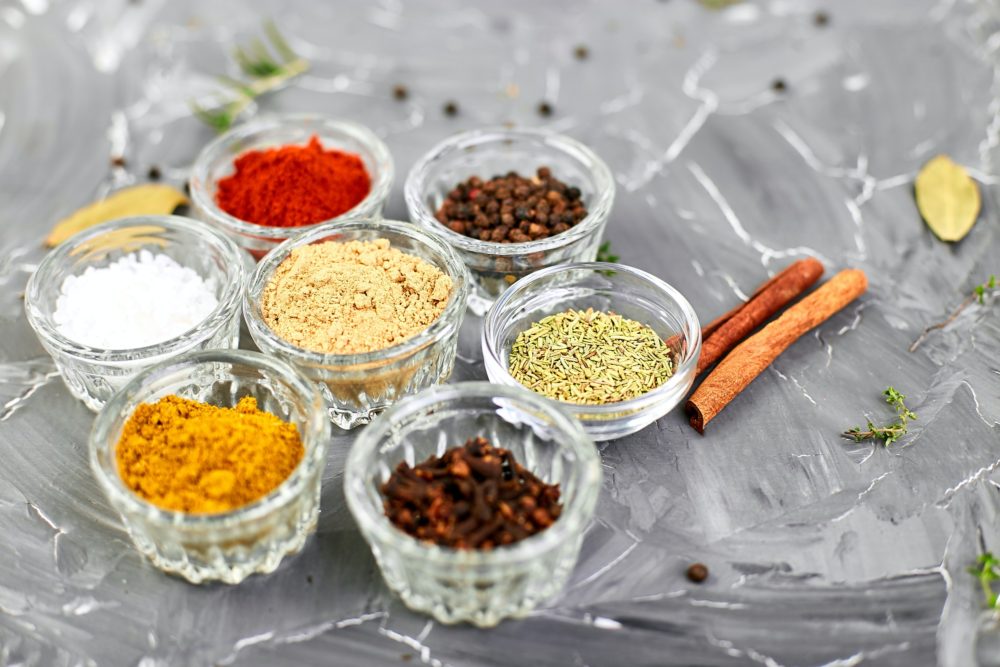 Seasoning background. Spice and herb seasoning with fresh and dried