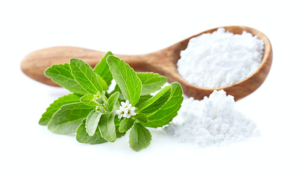 Stevia plant with stevia powder on white background