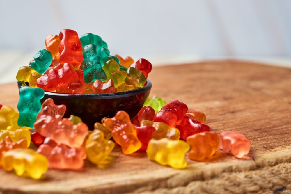 Gummy bears on a table.