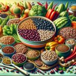 A vibrant and educational image showcasing a variety of beans and legumes without any text or labels. The centerpiece is a large, colorful bowl filled